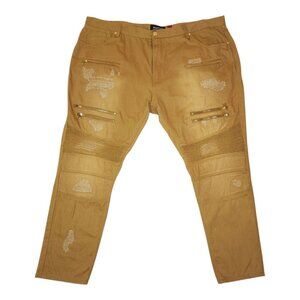 Makobi Mens Distressed Moto Jeans 50X32 Tan Khaki With Zipper Accents Faded